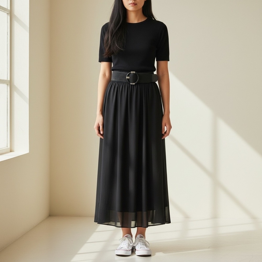Christopher & Banks Black Maxi‎ Skirt L Woven Belt Sheer Long Minimalist Size L
